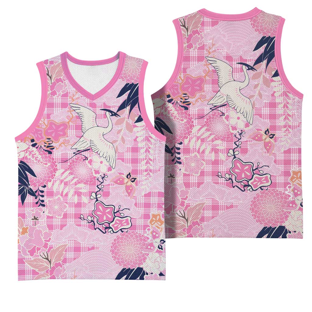 Pink Palaka Crane and Flowers Basketball Jersey Japan Heritage Spirit - Polynesian Pride
