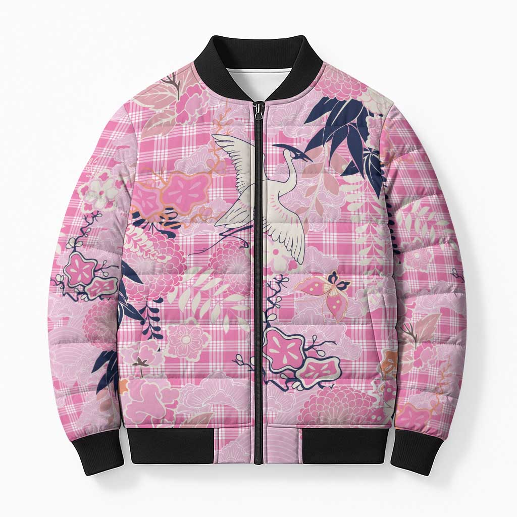 Pink Palaka Crane and Flowers Bomber Puffer Jacket Japan Heritage Spirit - Polynesian Pride