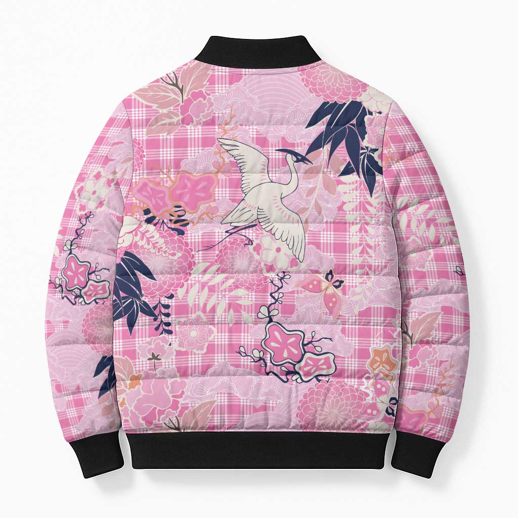 Pink Palaka Crane and Flowers Bomber Puffer Jacket Japan Heritage Spirit - Polynesian Pride