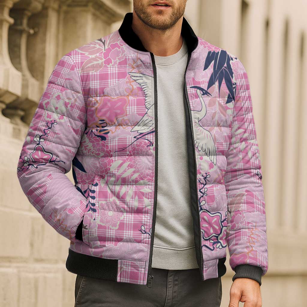 Pink Palaka Crane and Flowers Bomber Puffer Jacket Japan Heritage Spirit - Polynesian Pride