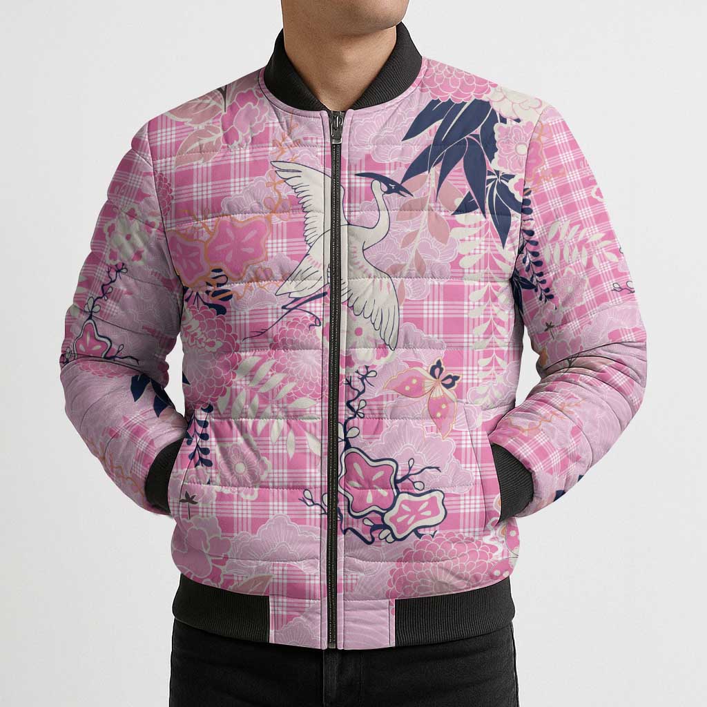 Pink Palaka Crane and Flowers Bomber Puffer Jacket Japan Heritage Spirit - Polynesian Pride