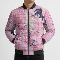 Pink Palaka Crane and Flowers Bomber Puffer Jacket Japan Heritage Spirit - Polynesian Pride