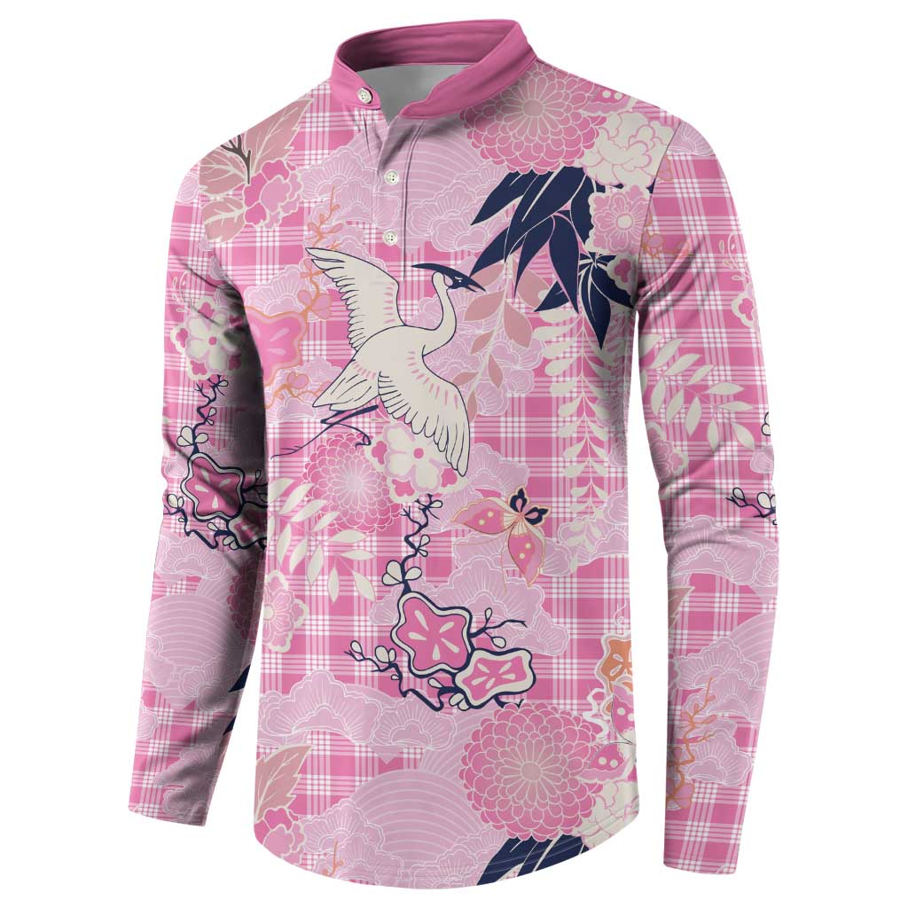Pink Palaka Crane and Flowers Button Sweatshirt Japan Heritage Spirit - Polynesian Pride