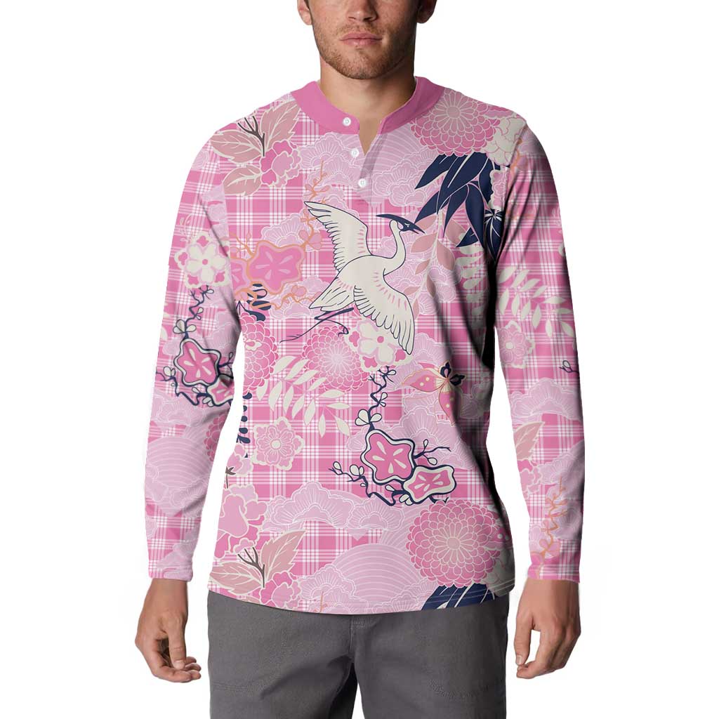 Pink Palaka Crane and Flowers Button Sweatshirt Japan Heritage Spirit - Polynesian Pride