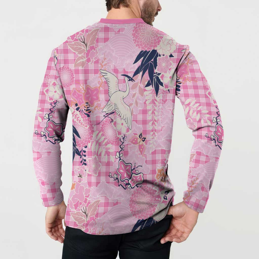 Pink Palaka Crane and Flowers Button Sweatshirt Japan Heritage Spirit - Polynesian Pride
