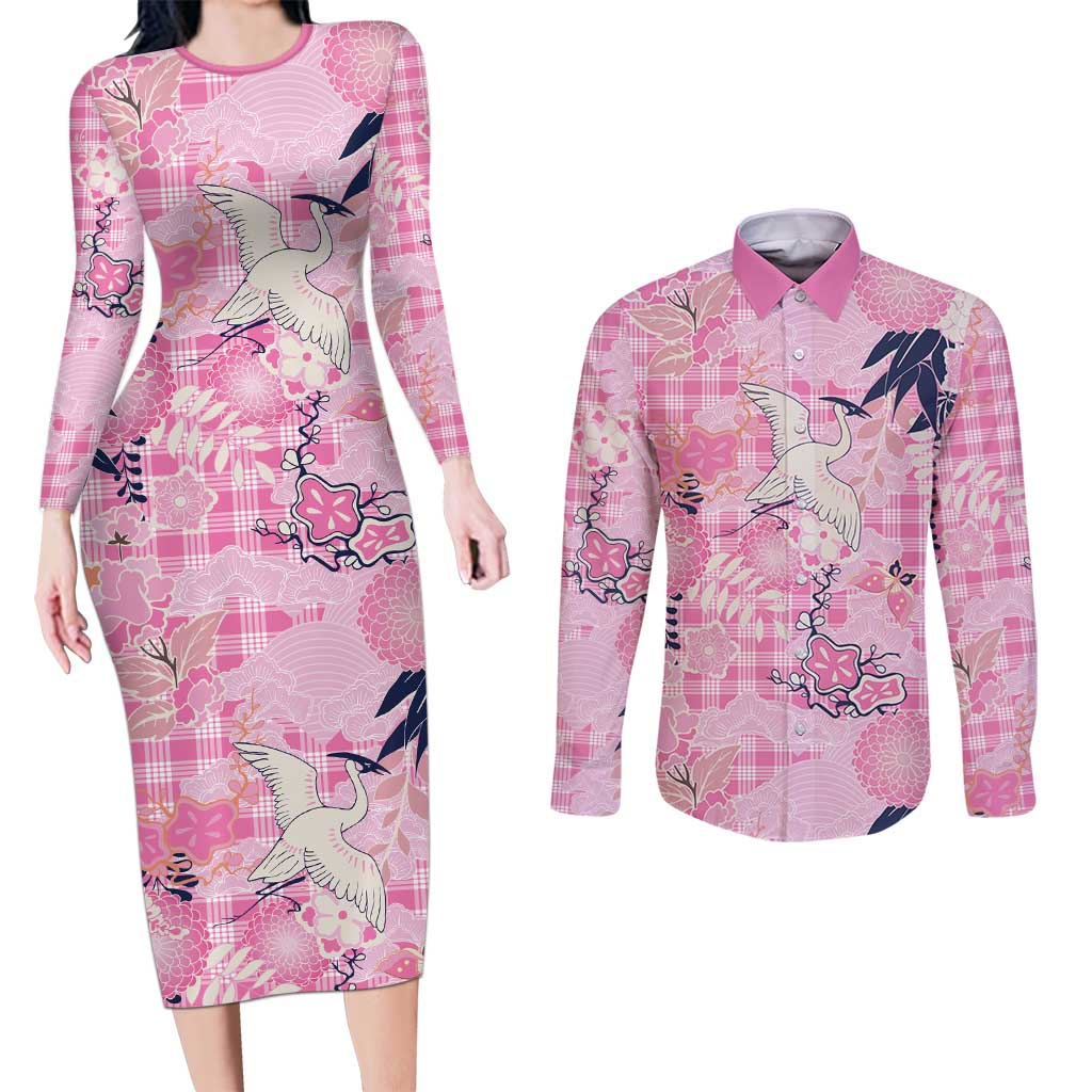Pink Palaka Crane and Flowers Couples Matching Long Sleeve Bodycon Dress and Long Sleeve Button Shirt Japan Heritage Spirit - Polynesian Pride