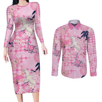 Pink Palaka Crane and Flowers Couples Matching Long Sleeve Bodycon Dress and Long Sleeve Button Shirt Japan Heritage Spirit - Polynesian Pride