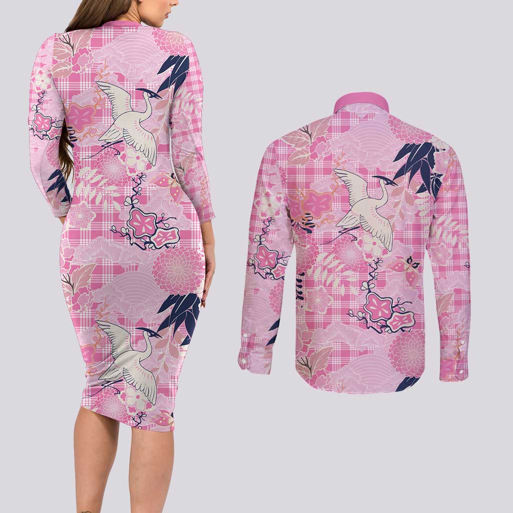 Pink Palaka Crane and Flowers Couples Matching Long Sleeve Bodycon Dress and Long Sleeve Button Shirt Japan Heritage Spirit - Polynesian Pride