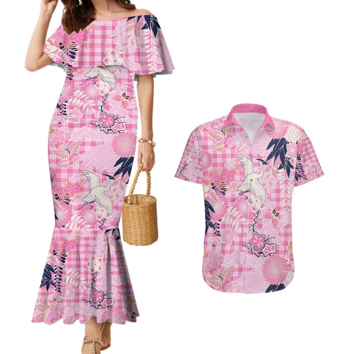 Pink Palaka Crane and Flowers Couples Matching Mermaid Dress and Hawaiian Shirt Japan Heritage Spirit - Polynesian Pride