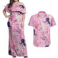 Pink Palaka Crane and Flowers Couples Matching Off Shoulder Maxi Dress and Hawaiian Shirt Japan Heritage Spirit - Polynesian Pride