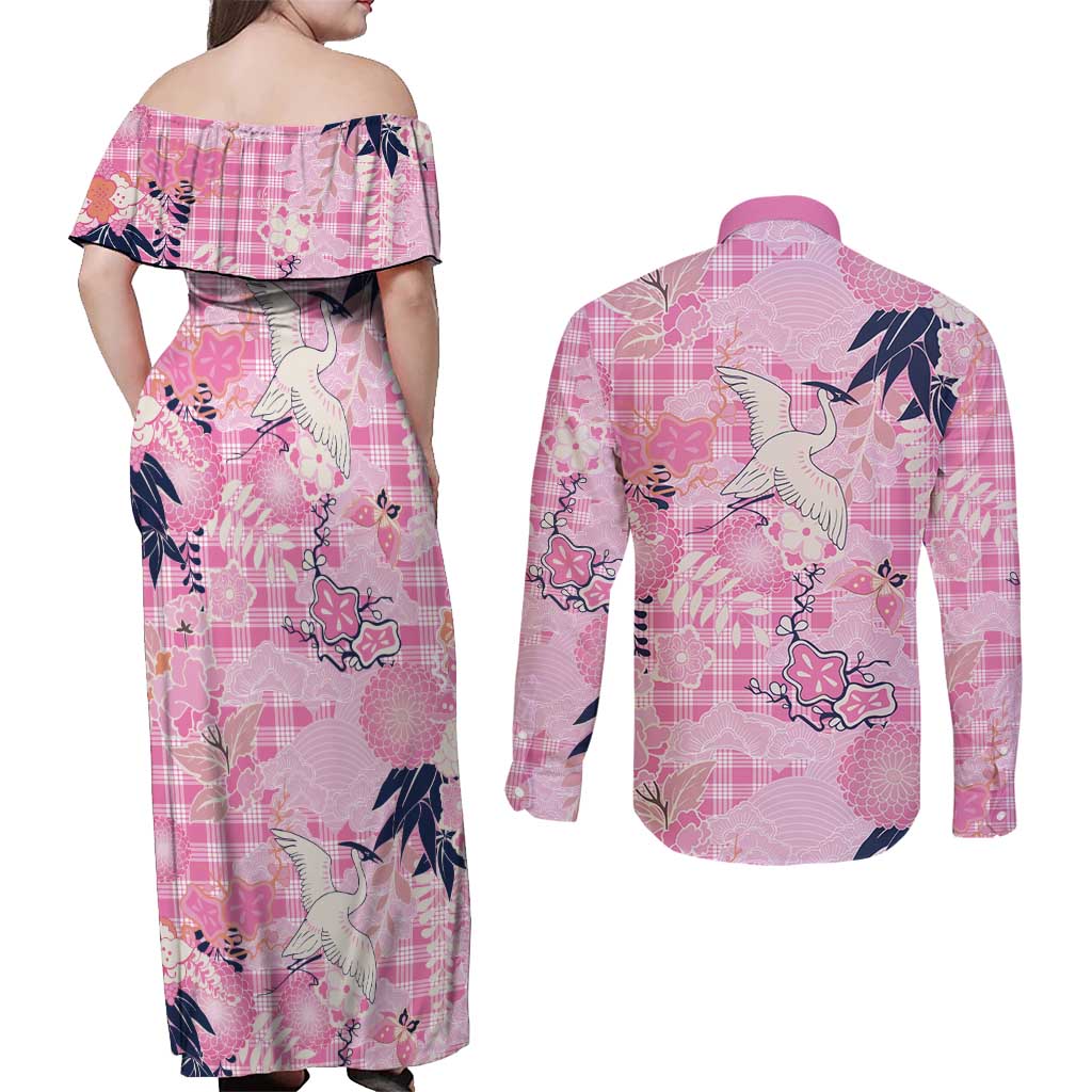 Pink Palaka Crane and Flowers Couples Matching Off Shoulder Maxi Dress and Long Sleeve Button Shirt Japan Heritage Spirit - Polynesian Pride