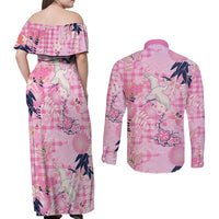 Pink Palaka Crane and Flowers Couples Matching Off Shoulder Maxi Dress and Long Sleeve Button Shirt Japan Heritage Spirit - Polynesian Pride