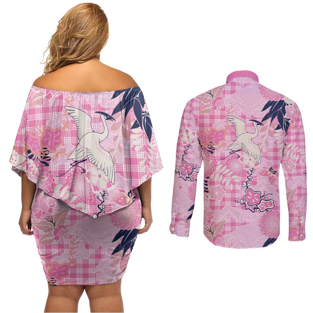 Pink Palaka Crane and Flowers Couples Matching Off Shoulder Short Dress and Long Sleeve Button Shirt Japan Heritage Spirit - Polynesian Pride