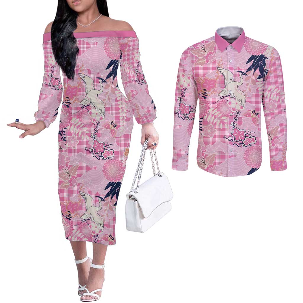 Pink Palaka Crane and Flowers Couples Matching Off The Shoulder Long Sleeve Dress and Long Sleeve Button Shirt Japan Heritage Spirit - Polynesian Pride