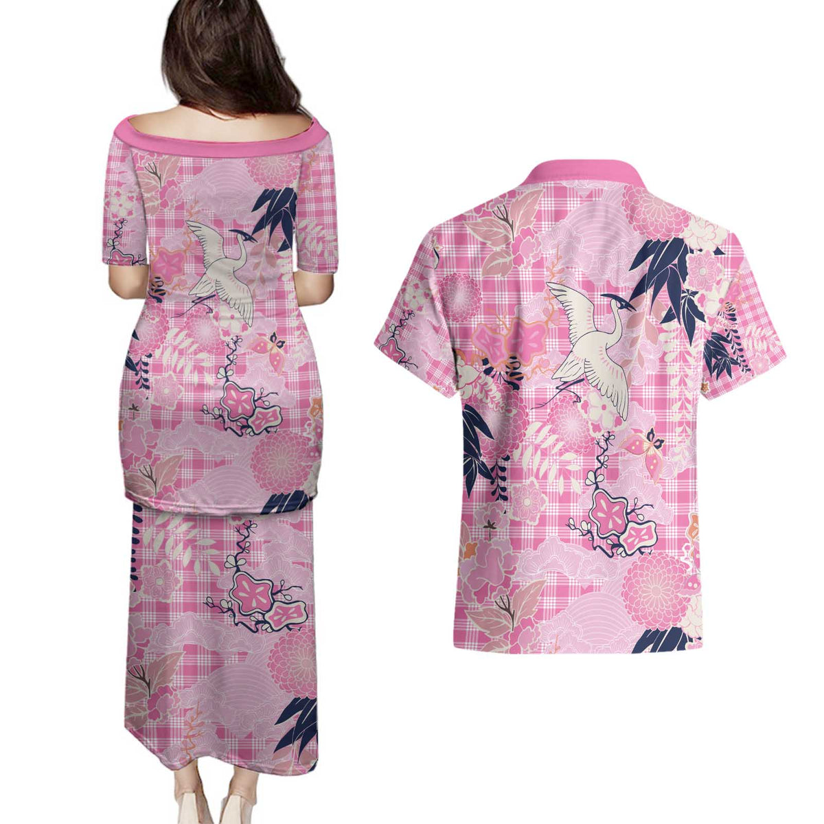 Pink Palaka Crane and Flowers Couples Matching Puletasi and Hawaiian Shirt Japan Heritage Spirit - Polynesian Pride