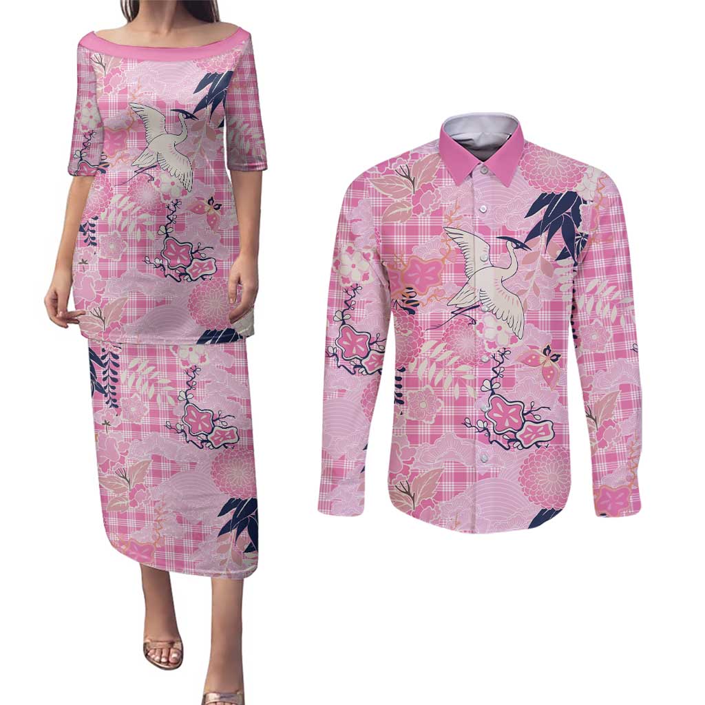 Pink Palaka Crane and Flowers Couples Matching Puletasi and Long Sleeve Button Shirt Japan Heritage Spirit - Polynesian Pride