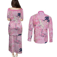 Pink Palaka Crane and Flowers Couples Matching Puletasi and Long Sleeve Button Shirt Japan Heritage Spirit - Polynesian Pride