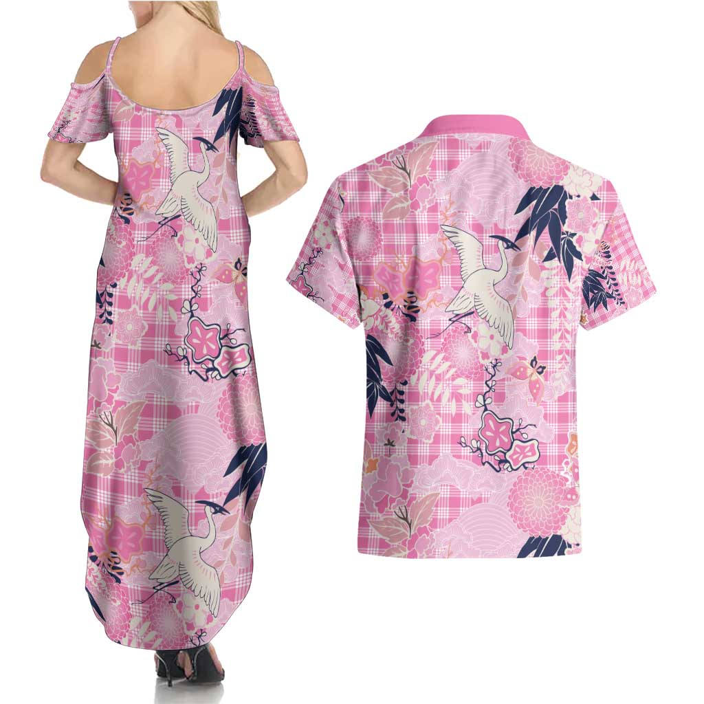 Pink Palaka Crane and Flowers Couples Matching Summer Maxi Dress and Hawaiian Shirt Japan Heritage Spirit - Polynesian Pride