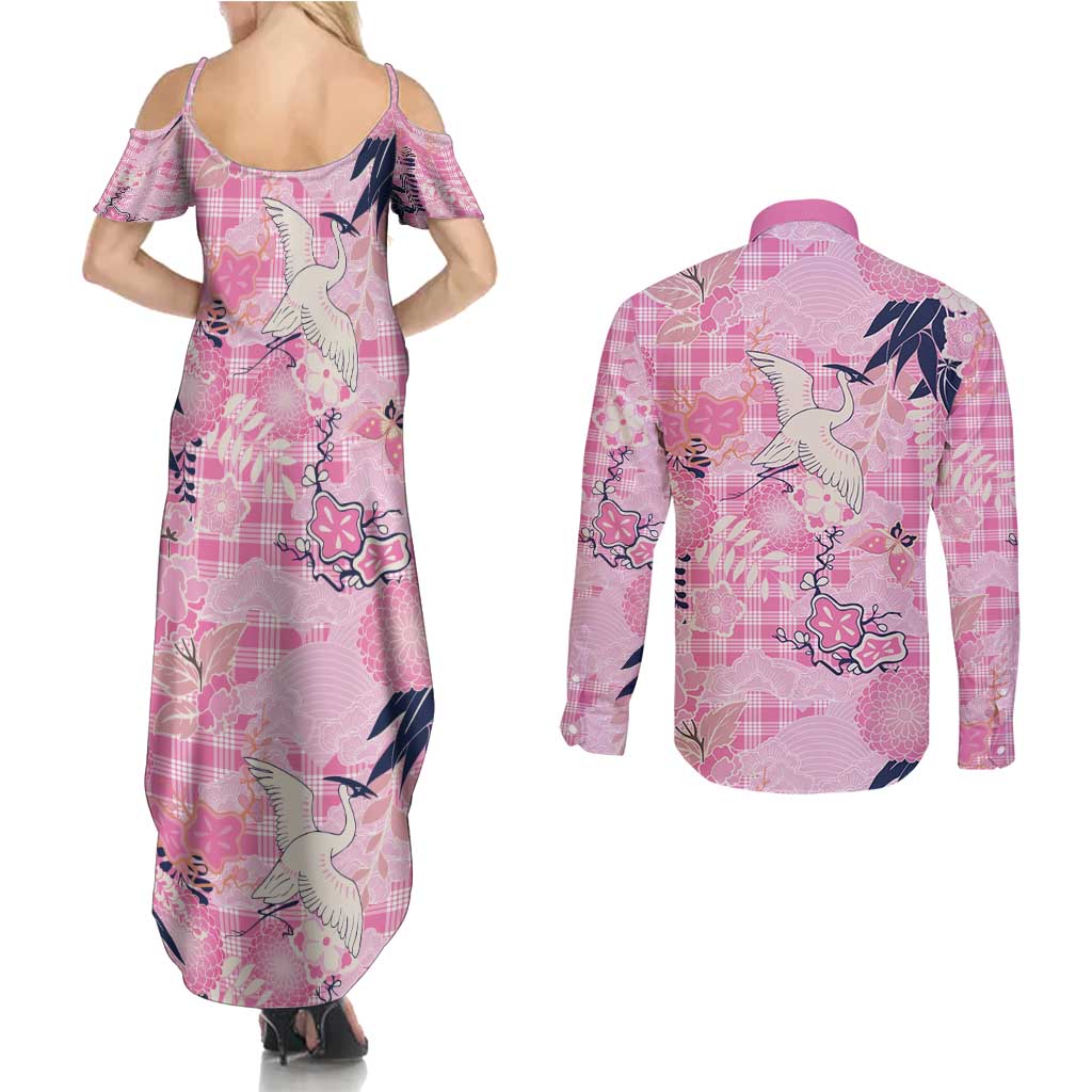 Pink Palaka Crane and Flowers Couples Matching Summer Maxi Dress and Long Sleeve Button Shirt Japan Heritage Spirit - Polynesian Pride