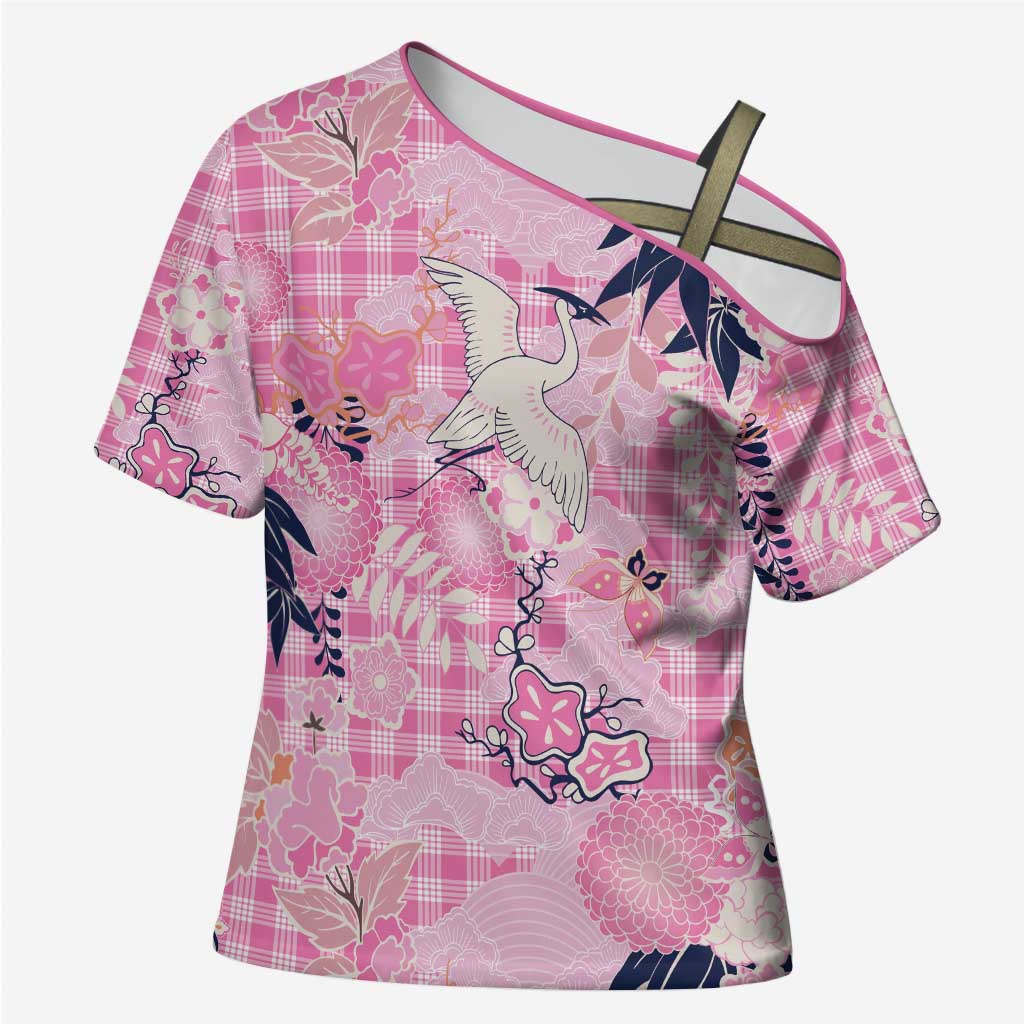 Pink Palaka Crane and Flowers Cross Shoulder Shirt Japan Heritage Spirit - Polynesian Pride