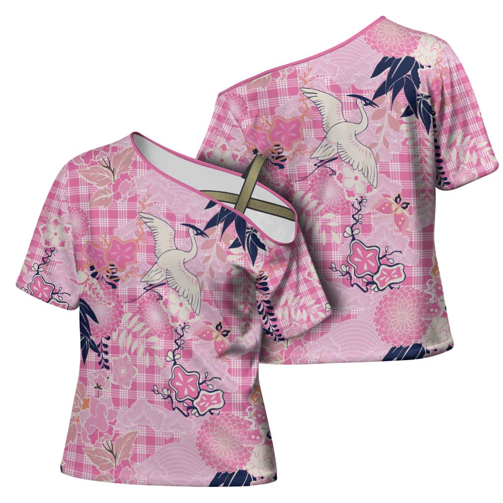 Pink Palaka Crane and Flowers Cross Shoulder Shirt Japan Heritage Spirit - Polynesian Pride