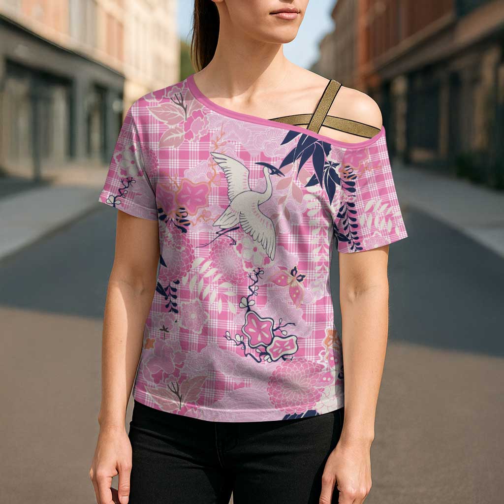 Pink Palaka Crane and Flowers Cross Shoulder Shirt Japan Heritage Spirit - Polynesian Pride