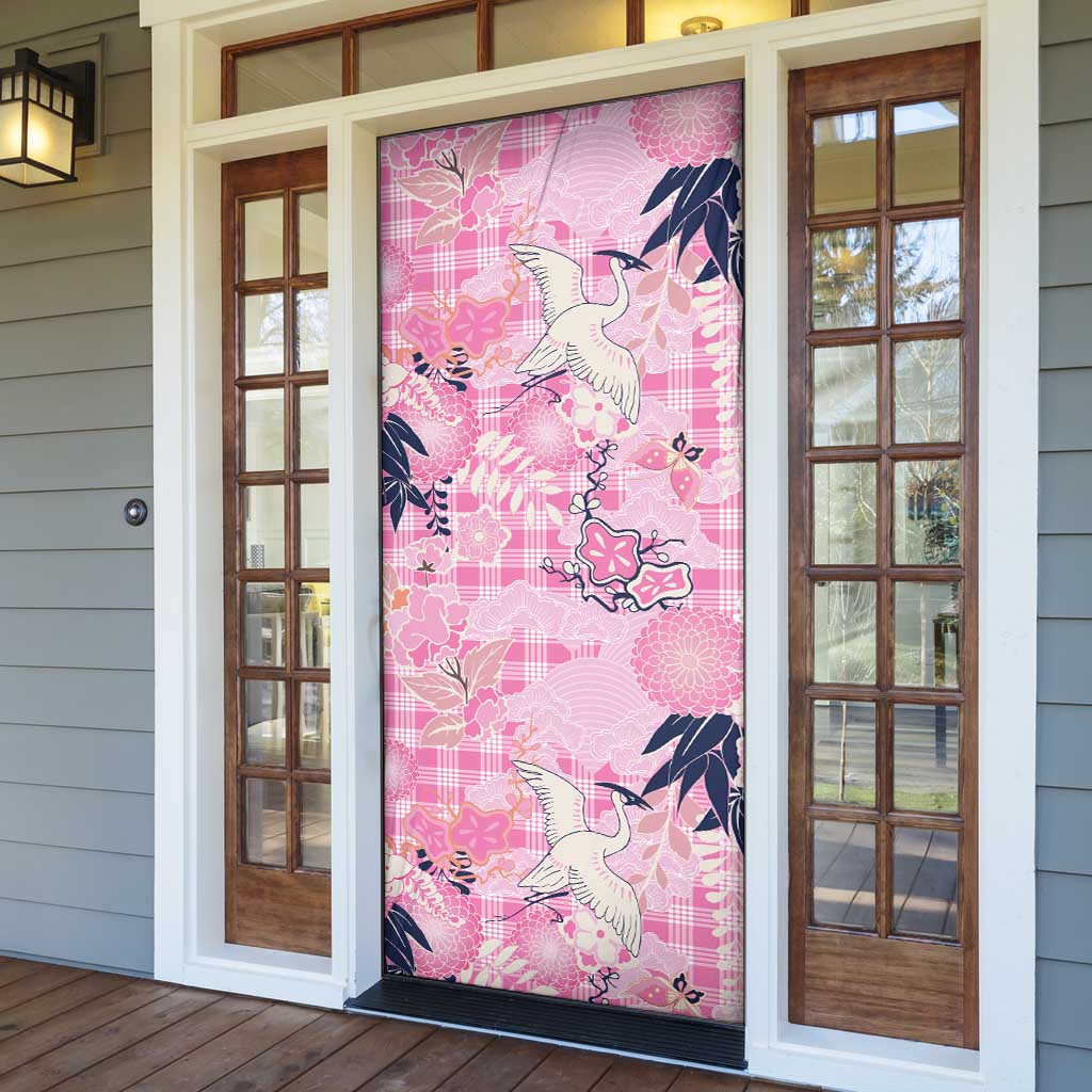 Pink Palaka Crane and Flowers Door Cover Japan Heritage Spirit - Polynesian Pride