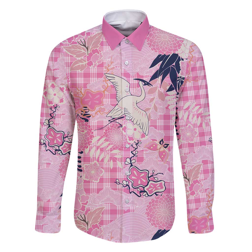 Pink Palaka Crane and Flowers Family Matching Long Sleeve Bodycon Dress and Hawaiian Shirt Japan Heritage Spirit LT9 Dad's Shirt - Long Sleeve Pink - Polynesian Pride