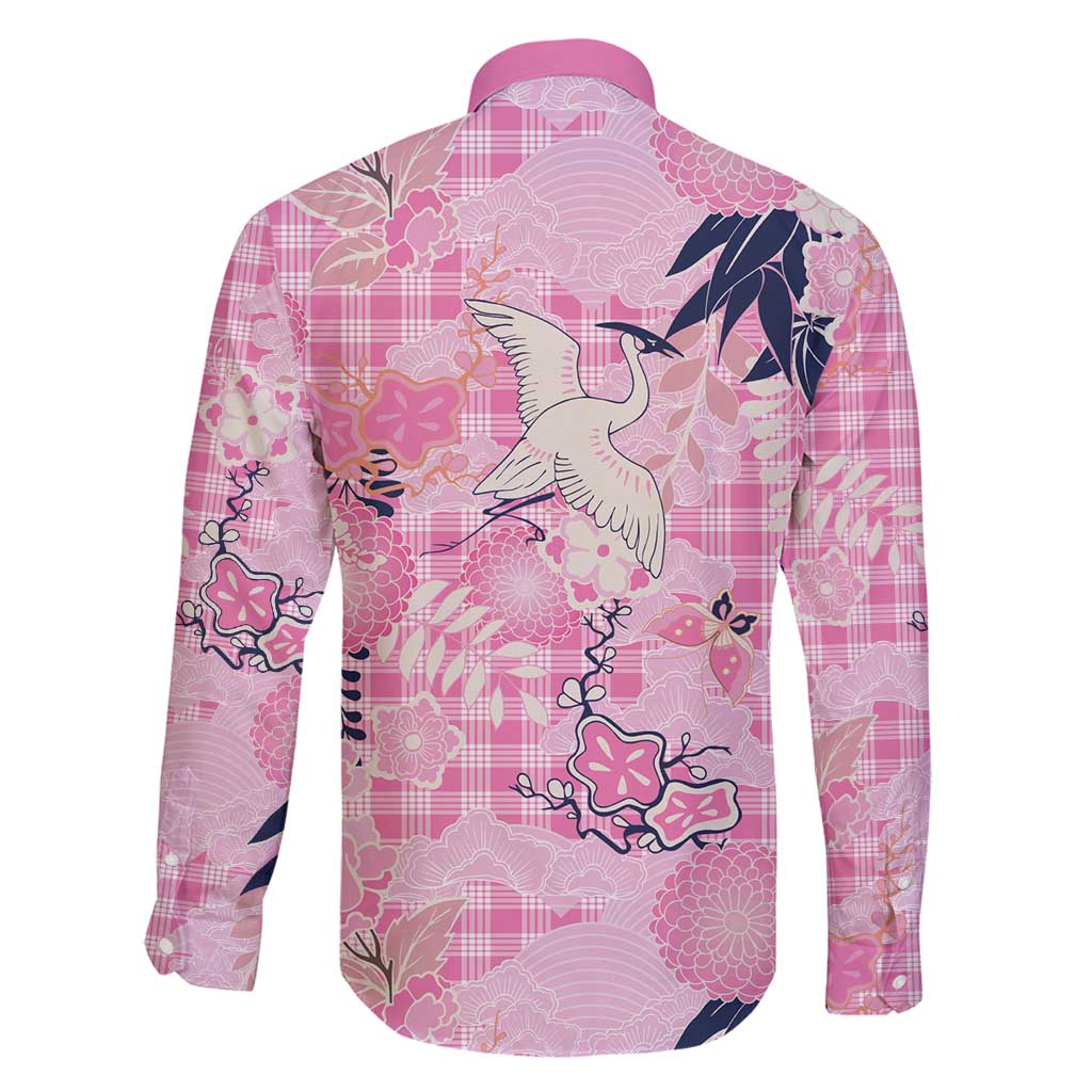 Pink Palaka Crane and Flowers Family Matching Long Sleeve Bodycon Dress and Hawaiian Shirt Japan Heritage Spirit LT9 - Polynesian Pride