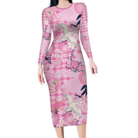 Pink Palaka Crane and Flowers Family Matching Long Sleeve Bodycon Dress and Hawaiian Shirt Japan Heritage Spirit LT9 Mom's Dress Pink - Polynesian Pride