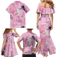 Pink Palaka Crane and Flowers Family Matching Mermaid Dress and Hawaiian Shirt Japan Heritage Spirit - Polynesian Pride