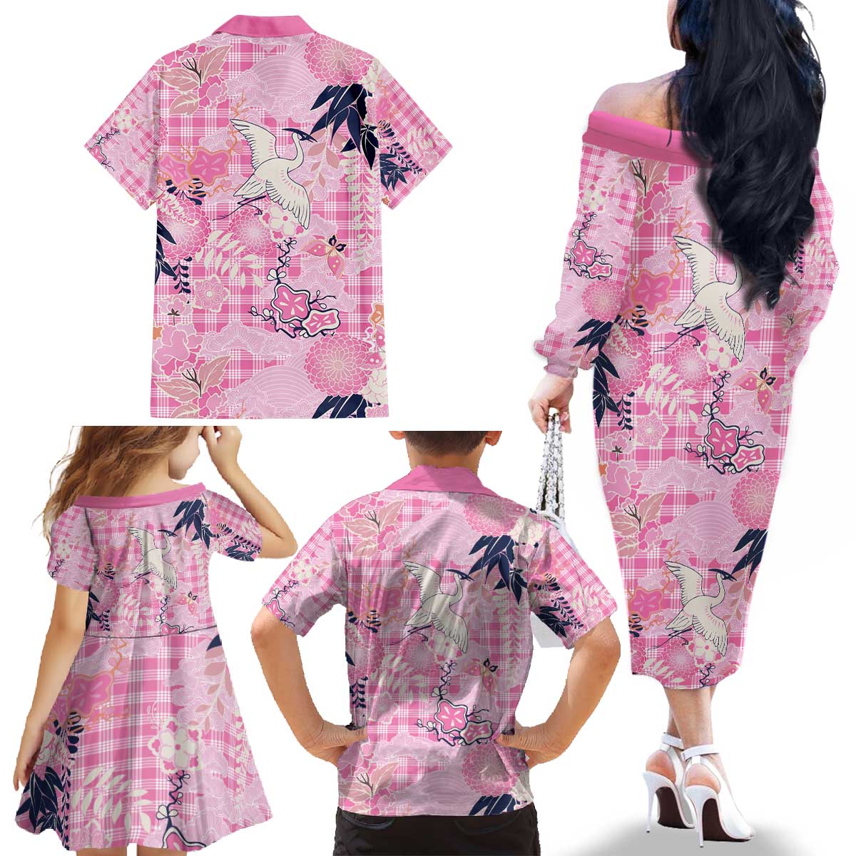 Pink Palaka Crane and Flowers Family Matching Off The Shoulder Long Sleeve Dress and Hawaiian Shirt Japan Heritage Spirit - Polynesian Pride