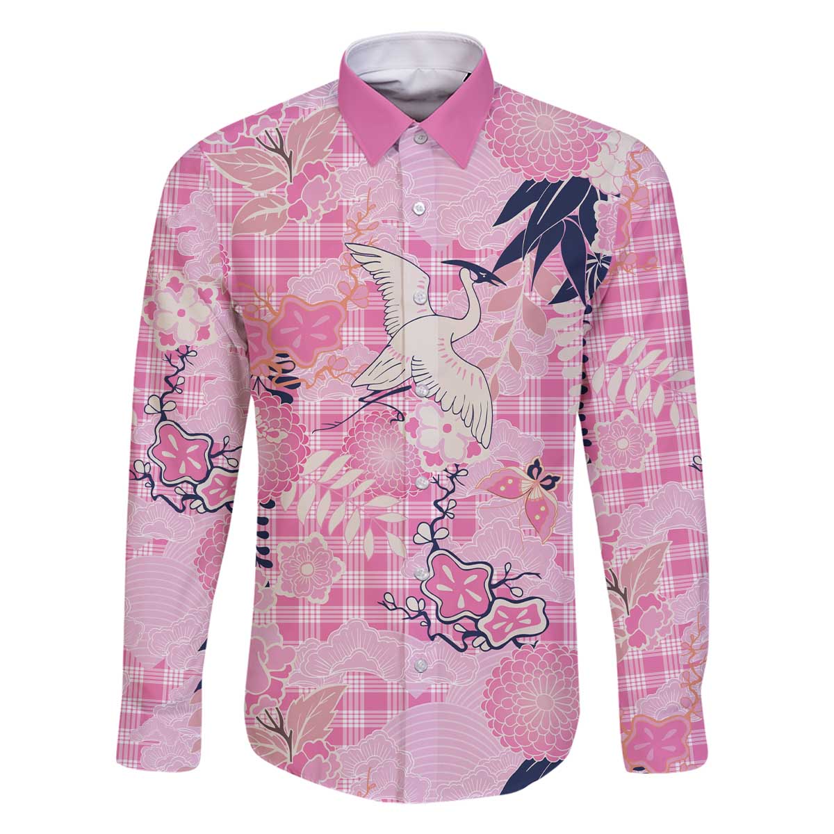 Pink Palaka Crane and Flowers Family Matching Off The Shoulder Long Sleeve Dress and Hawaiian Shirt Japan Heritage Spirit - Polynesian Pride