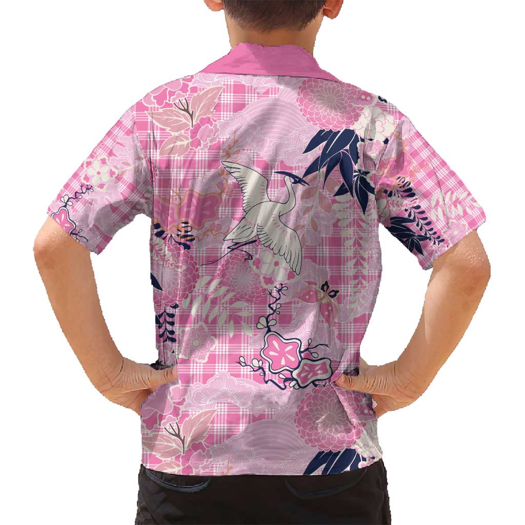 Pink Palaka Crane and Flowers Family Matching Off Shoulder Maxi Dress and Hawaiian Shirt Japan Heritage Spirit - Polynesian Pride