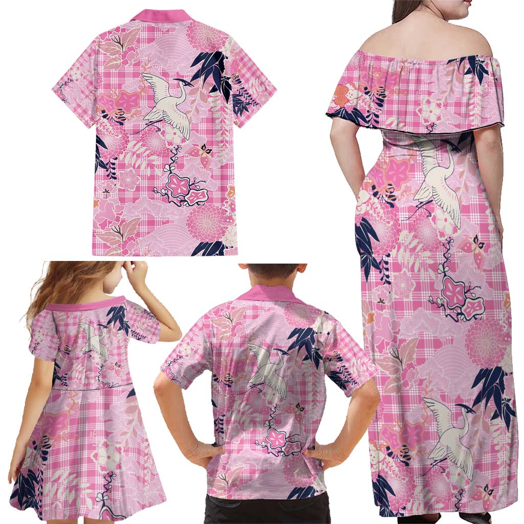 Pink Palaka Crane and Flowers Family Matching Off Shoulder Maxi Dress and Hawaiian Shirt Japan Heritage Spirit - Polynesian Pride