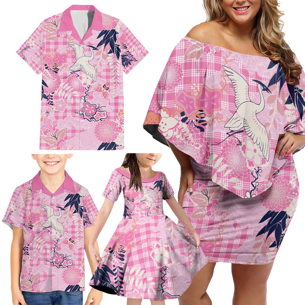 Pink Palaka Crane and Flowers Family Matching Off Shoulder Short Dress and Hawaiian Shirt Japan Heritage Spirit - Polynesian Pride