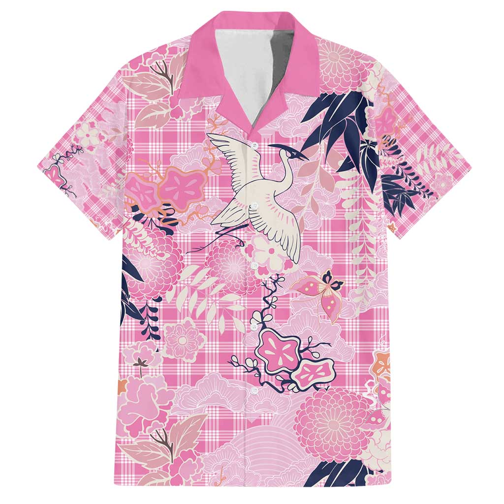 Pink Palaka Crane and Flowers Family Matching Off Shoulder Short Dress and Hawaiian Shirt Japan Heritage Spirit - Polynesian Pride