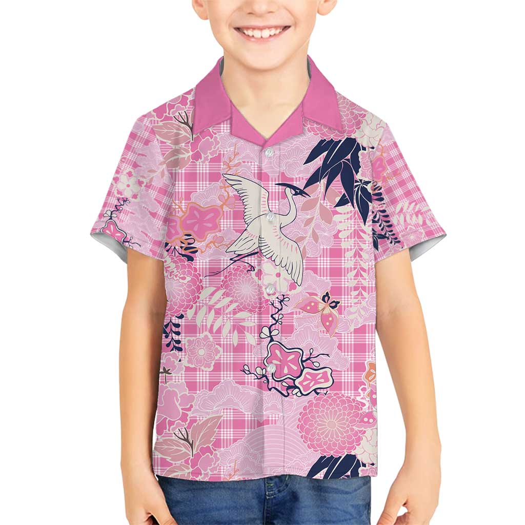 Pink Palaka Crane and Flowers Family Matching Puletasi and Hawaiian Shirt Japan Heritage Spirit LT9 Son's Shirt Pink - Polynesian Pride