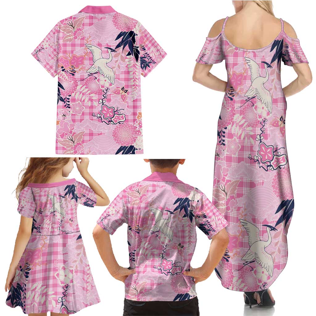 Pink Palaka Crane and Flowers Family Matching Summer Maxi Dress and Hawaiian Shirt Japan Heritage Spirit - Polynesian Pride