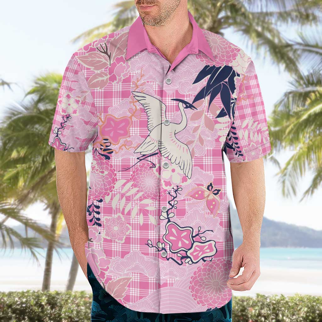 Pink Palaka Crane and Flowers Hawaiian Shirt Japan Heritage Spirit - Polynesian Pride