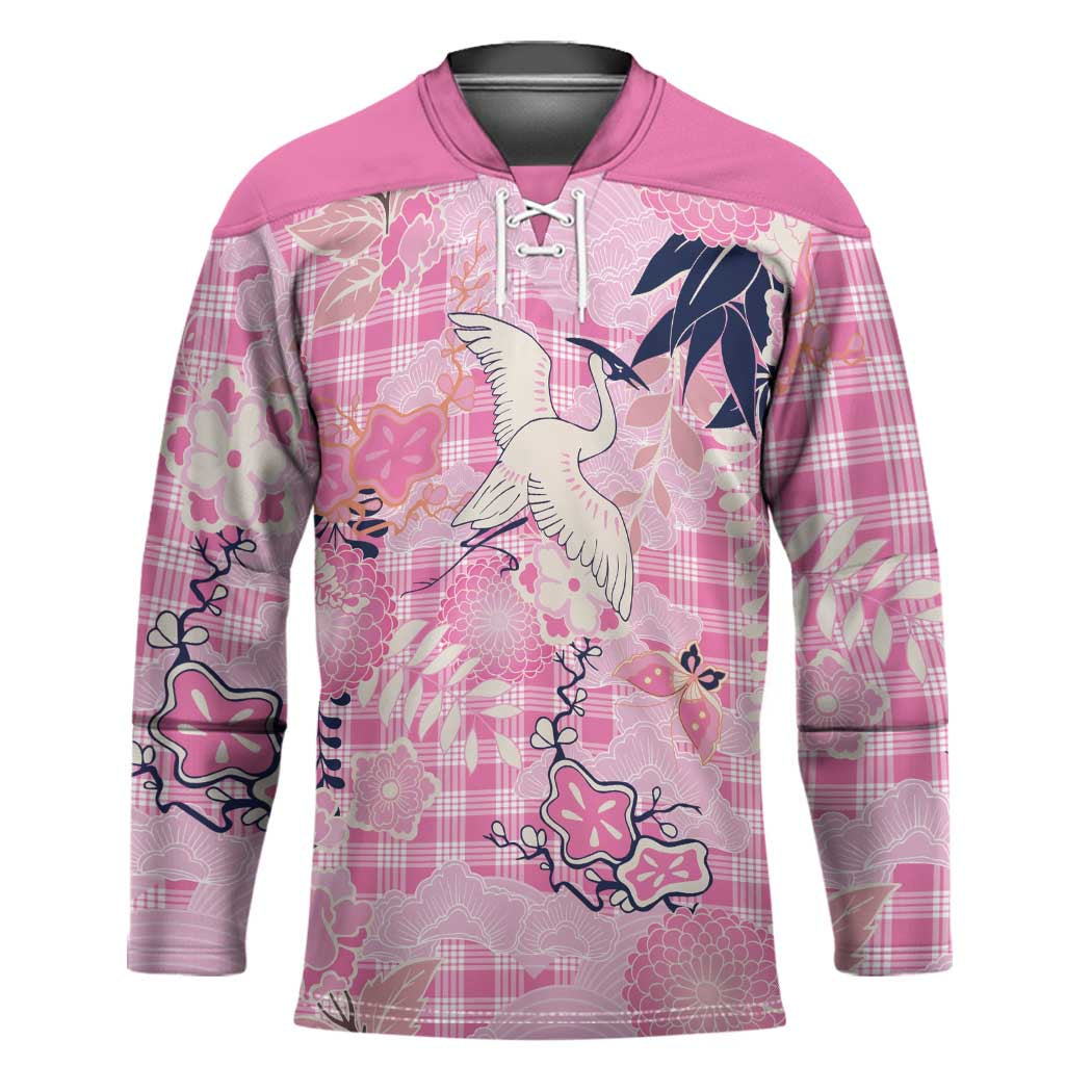 Pink Palaka Crane and Flowers Hockey Jersey Japan Heritage Spirit LT9 Unisex Pink - Polynesian Pride