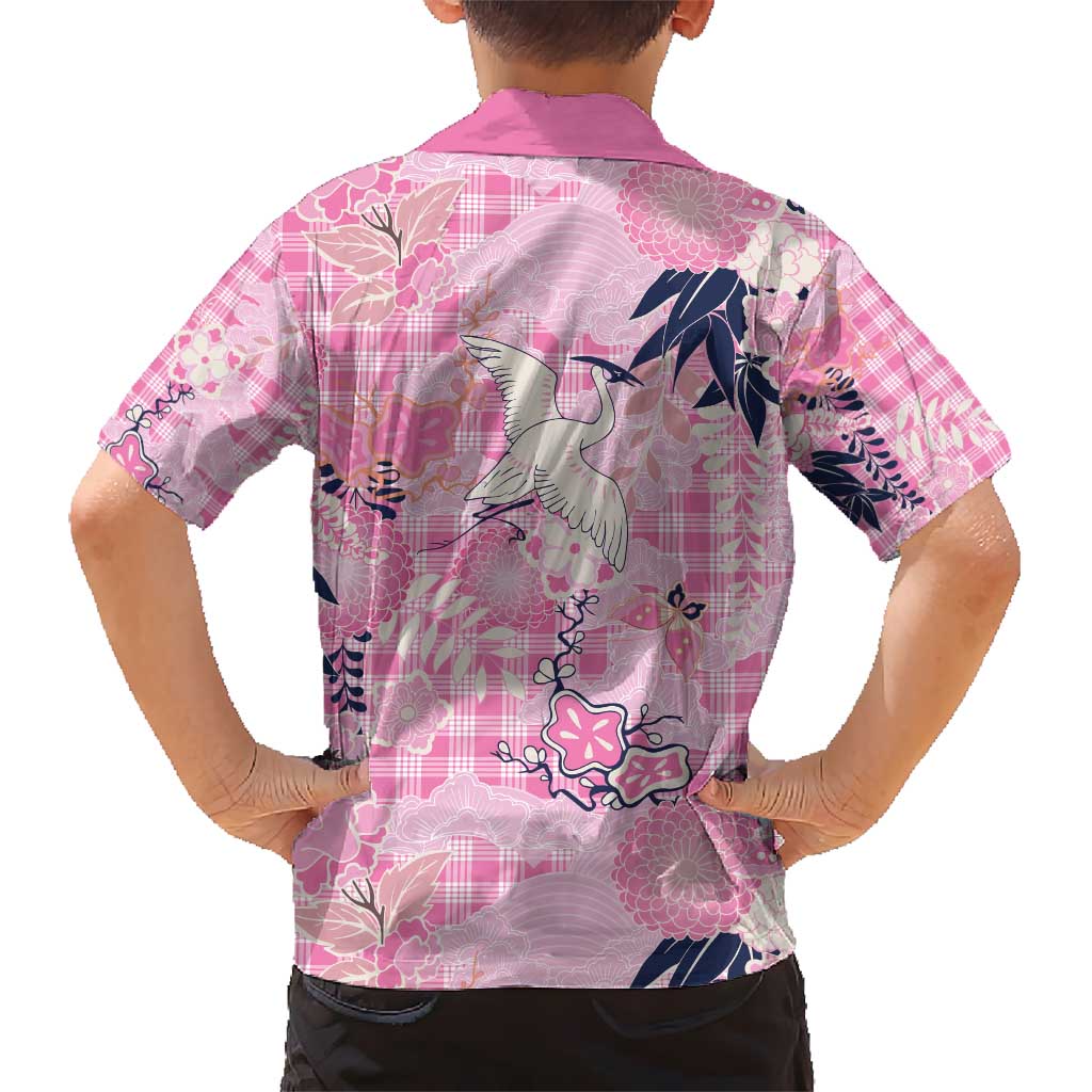 Pink Palaka Crane and Flowers Kid Hawaiian Shirt Japan Heritage Spirit - Polynesian Pride