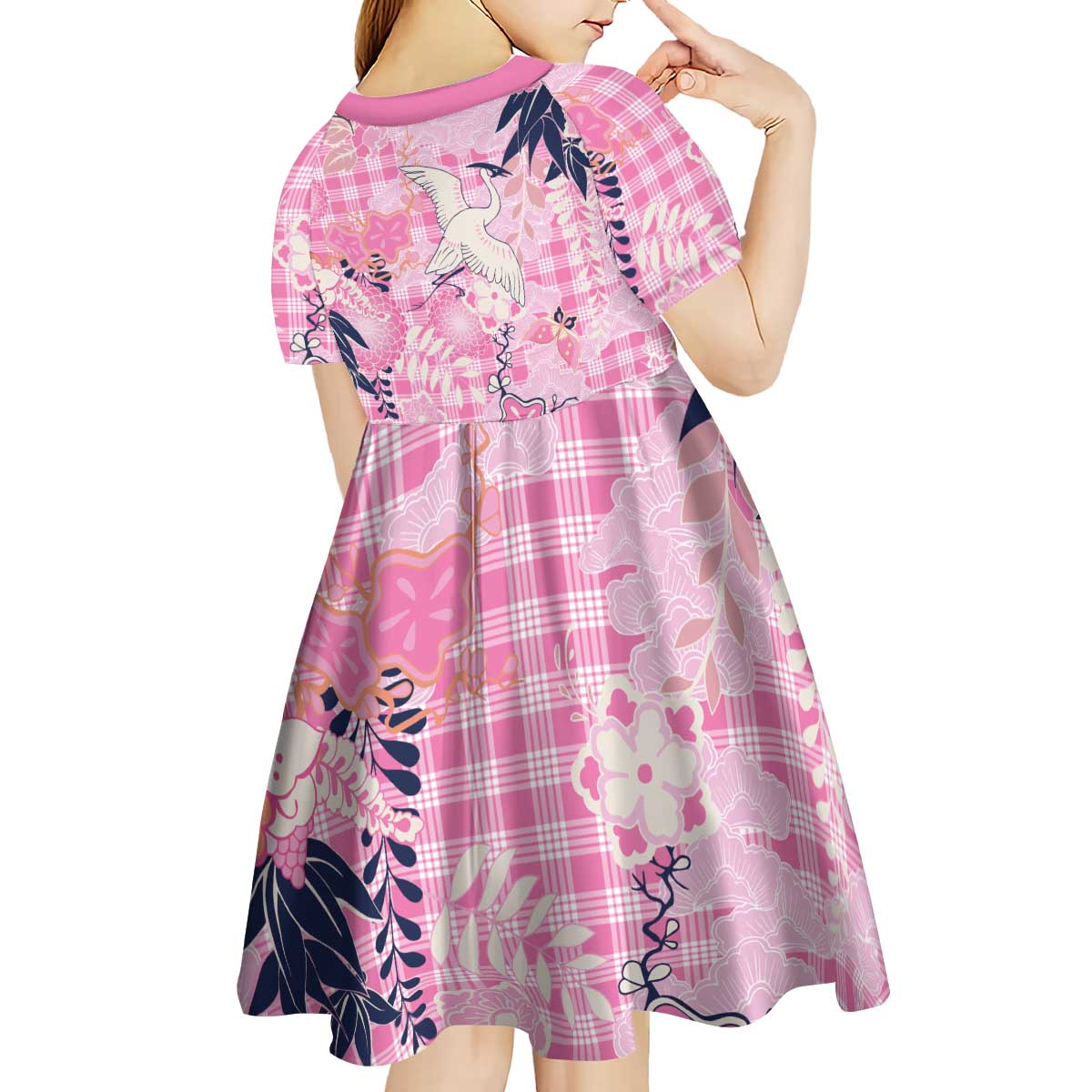 Pink Palaka Crane and Flowers Kid Short Sleeve Dress Japan Heritage Spirit - Polynesian Pride