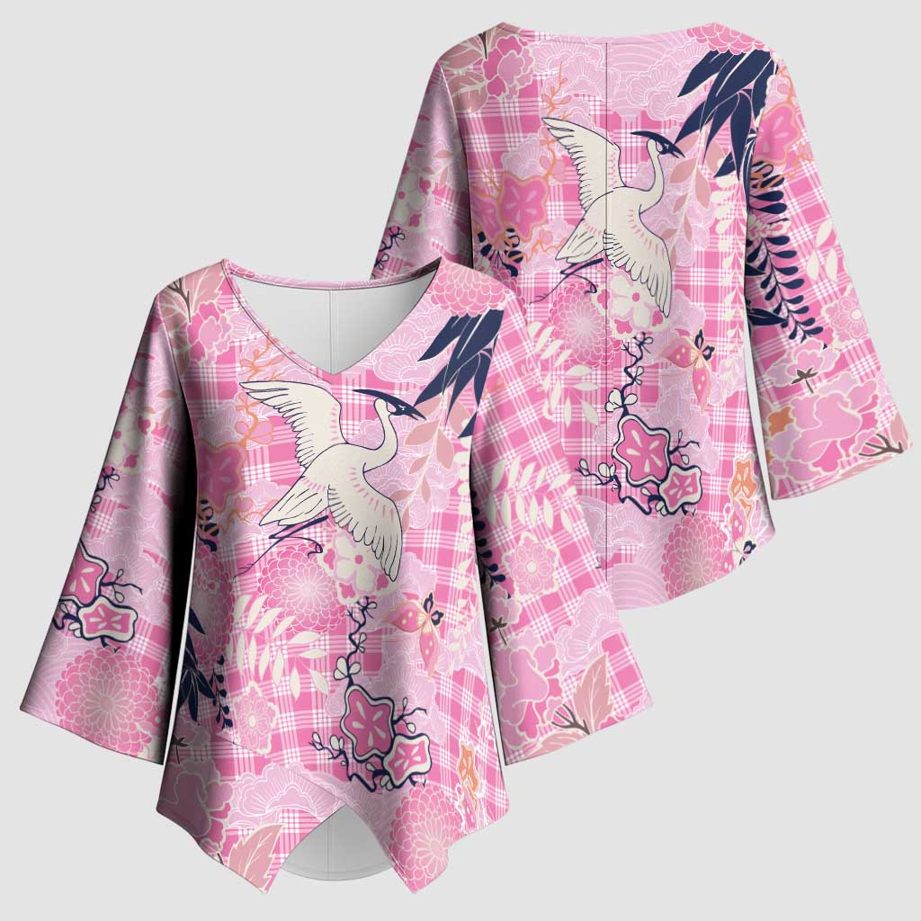 Pink Palaka Crane and Flowers Kimono Sleeve Blouse Japan Heritage Spirit - Polynesian Pride