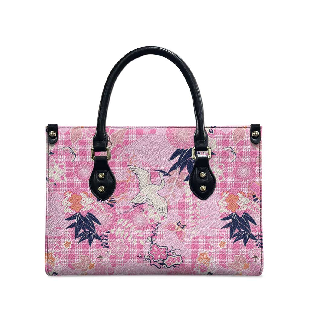 Pink Palaka Crane and Flowers Leather Bag Japan Heritage Spirit - Polynesian Pride