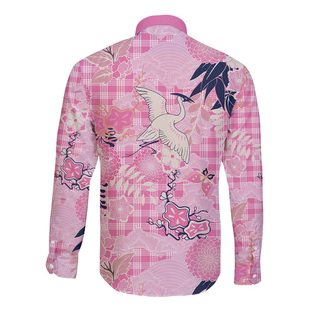 Pink Palaka Crane and Flowers Long Sleeve Button Shirt Japan Heritage Spirit - Polynesian Pride