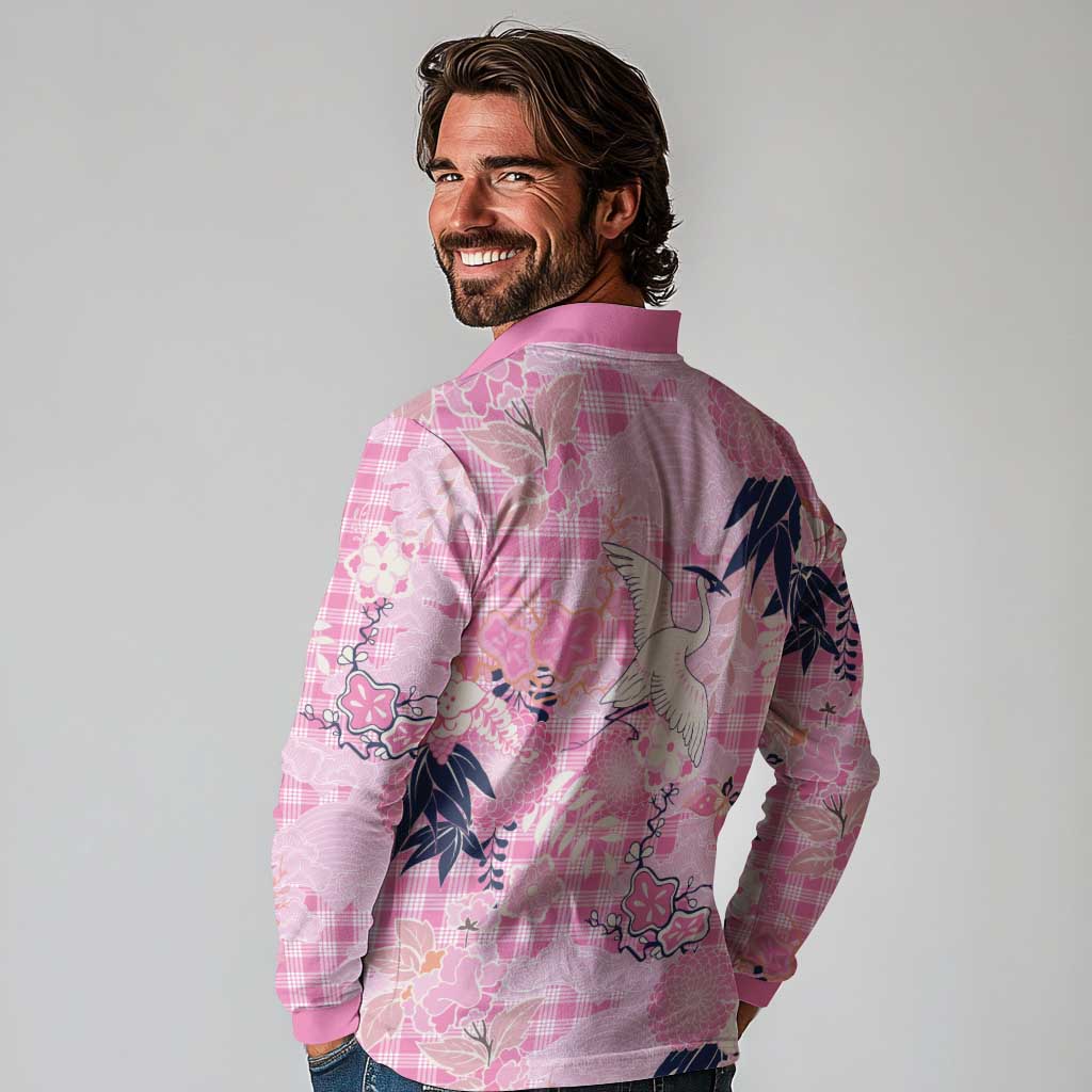 Pink Palaka Crane and Flowers Long Sleeve Polo Shirt Japan Heritage Spirit - Polynesian Pride