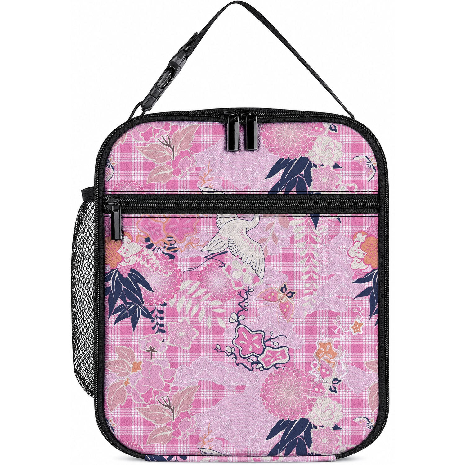Pink Palaka Crane and Flowers Lunch Bag Japan Heritage Spirit LT9 10.2 × 8.3 × 4.3 inch Pink - Polynesian Pride