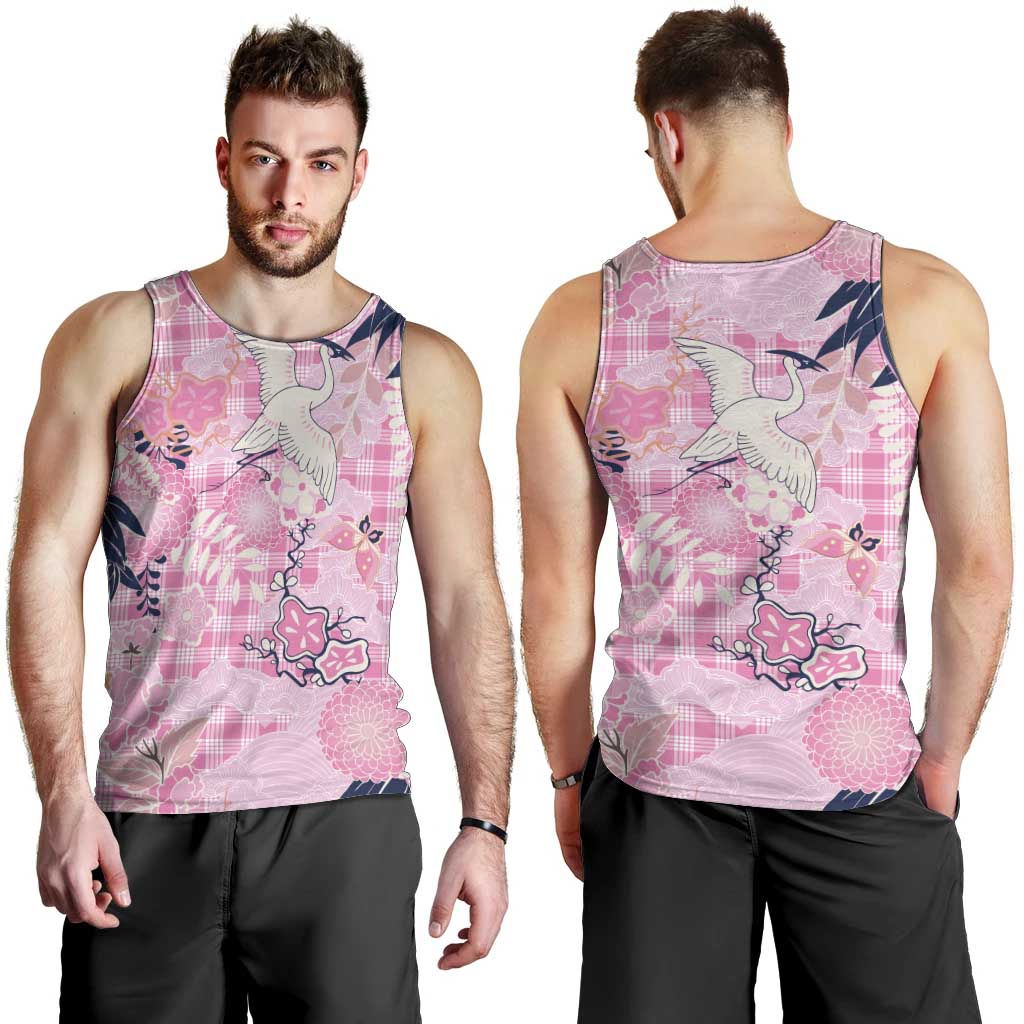 Pink Palaka Crane and Flowers Men Tank Top Japan Heritage Spirit - Polynesian Pride