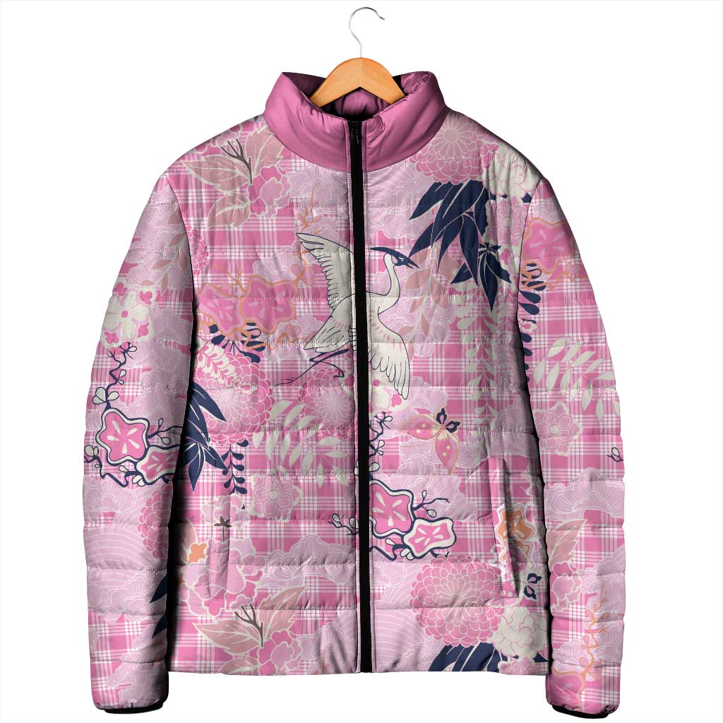 Pink Palaka Crane and Flowers Padded Jacket Japan Heritage Spirit - Polynesian Pride